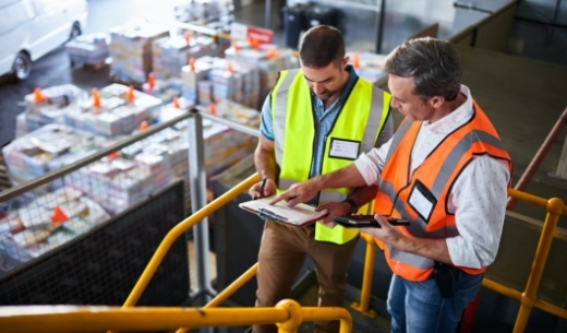 Two inspectors checking on a clipboard